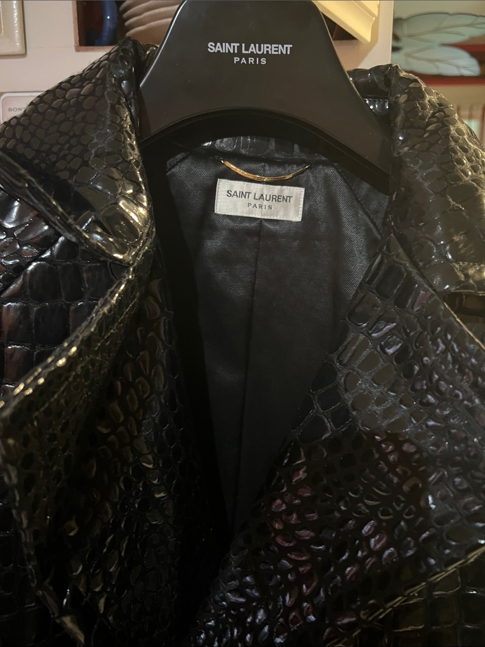 Saint Laurent Black Croc-Embossed Patent Trench Jacket - Picture 2 of 7